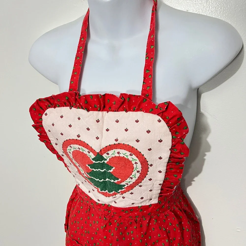Country Christmas Apron Women OS Red Heart Print Ruffle Quilted Tree Vintage‎